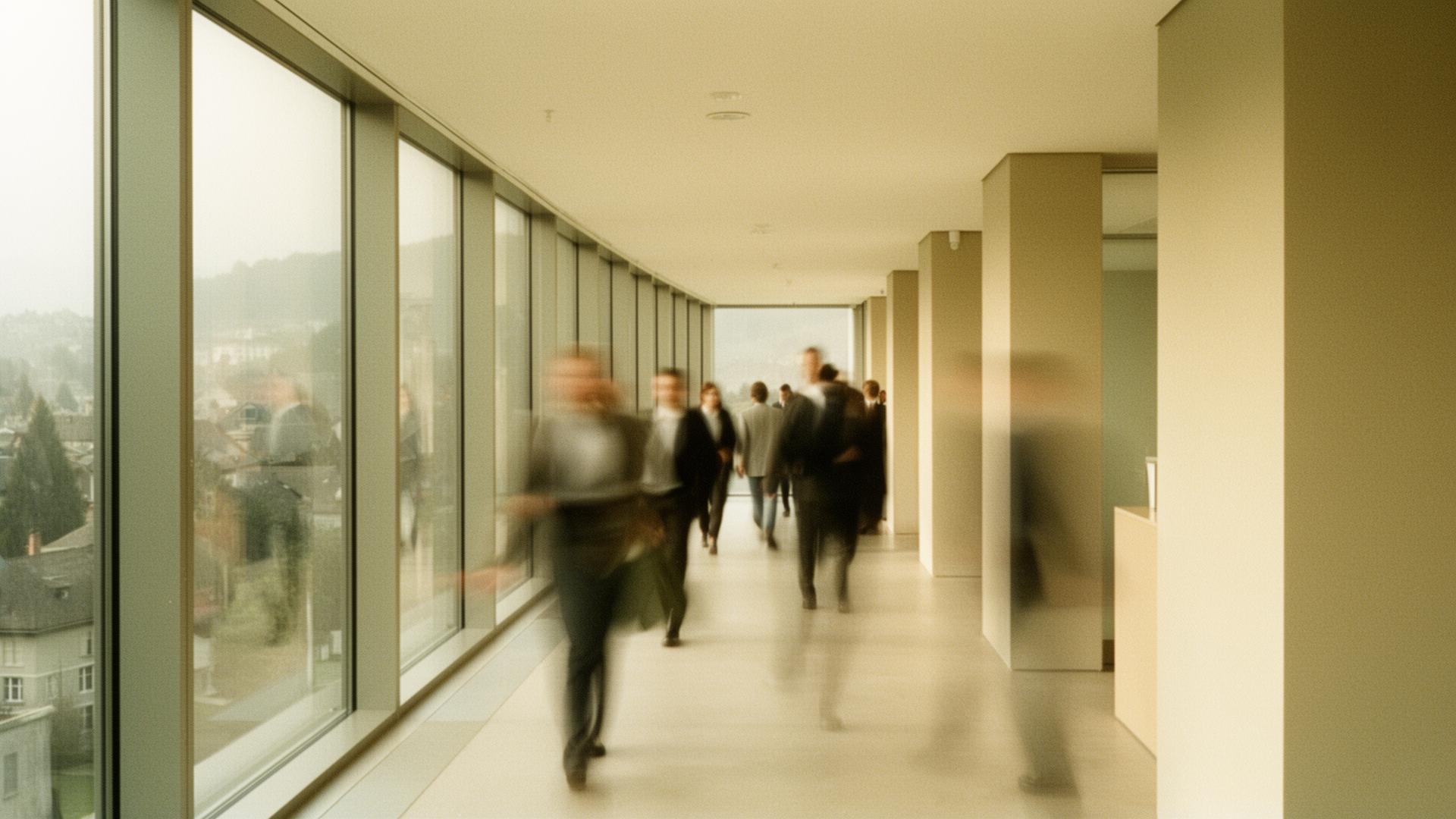 Professionals walking through a Swiss office corridor